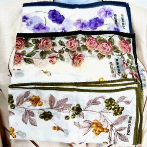 New Set of 3 Hankderchiefs Renoma Paris , Cotton 16" purple peach green flora(26